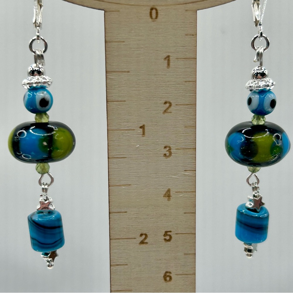 Art Glass & Crystal Blue and Green Beaded Earrings